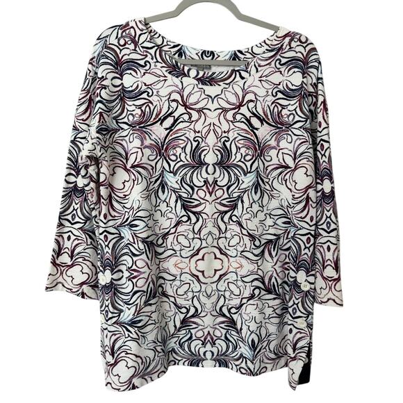 T By Talbots Sketched Tile Print Top 3/4 Sleeve Size Medium - Picture 3 of 8